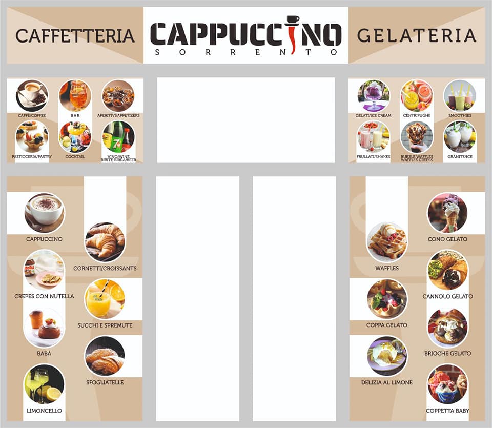 Cappuccino Sorrento  Al centro di Sorrento.. Sul Corso principale..  Un bar-gelateria apprezzatissimo da tutti i turisti Franco & Mauro sono lieti di servirvi  e vi aspettano con : Cappuccini  Gelati artigianali  Crepes  Waffle  Piadine  Smootihie Centrifughe  Spremute  Granite  Breakfast  Bibite Sconto del 15 % per gli ospiti delle strutture associate ad Atex  Corso Italia sorrento 118