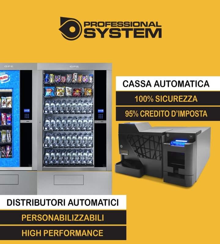 DISTRIBUTORI AUTOMATICI BEVANDE E CASSE AUTOMATICHE- PROFESSIONAL SYSTEM La Società Professional System s.r.l. offre agli Associati ATEX la  Vendita , Installazione ed Assistenza di : Distributori Automatici di Bevande Calde e Fredde.  È importante valutare di avere nelle strutture ricettive questi distributori che possono soddisfare le esigenze dei nostri ospiti.  Inoltre la Professional System s.r.l. offre agli associati Atex Sistemi Gestionali e Casse automatiche. È previsto uno sconto del 10 % per gli associati Atex. 