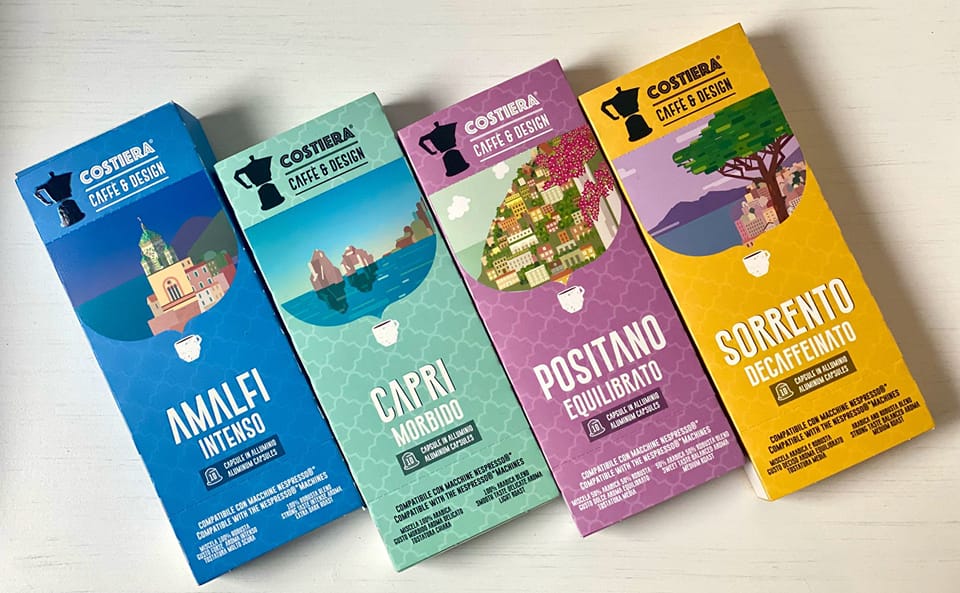 Costiera Caffè & Design il caffè ispirato alla Costiera.  Una collezione di cialde compostabili e capsule in alluminio compatibili Nespresso che nasce da un'attenta selezione delle migliori qualità di arabica e robusta, tostate e confezionate in Italia. Il packaging, dedicato a Capri,Sorrento e alla Costiera Amalfitana, nasce come cartolina per regalare agli ospiti un souvenir di gusto e il ricordo del vero espresso italiano.  Per gli associati ATEX e per gli ospiti delle proprie strutture, uno sconto dedicato del 10% su tutti i prodotti.  E' possibile usufruire dello sconto inserendo il codice ATEX10 al momento dell'acquisto sullo shop www.costieracaffedesing.it o inviando foto della Card Atex all'indirizzo info@costietacaffedesign.it.  Consegna gratuita presso le strutture entro 24/48h per ordini superiori a 20 euro.  Per informazioni: 3318038103